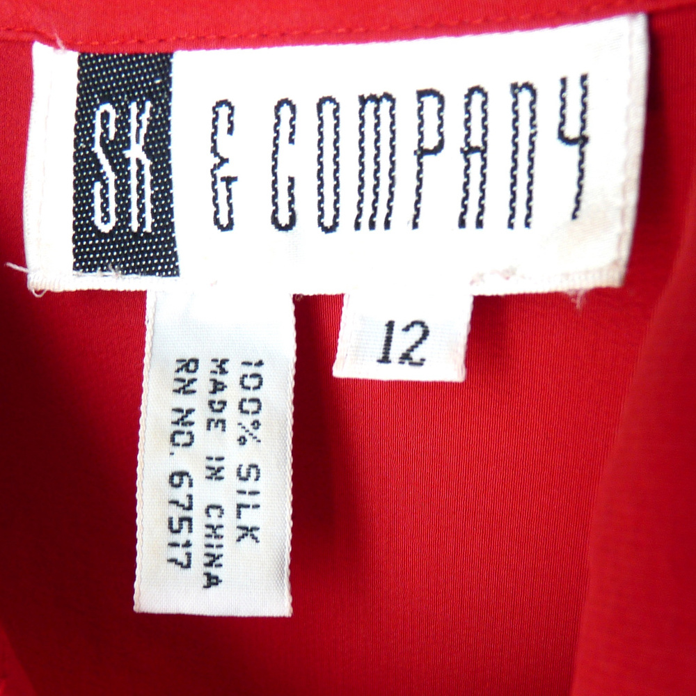 SK & Company red silk blouse shirt brass buttons - Picture 3 of 7